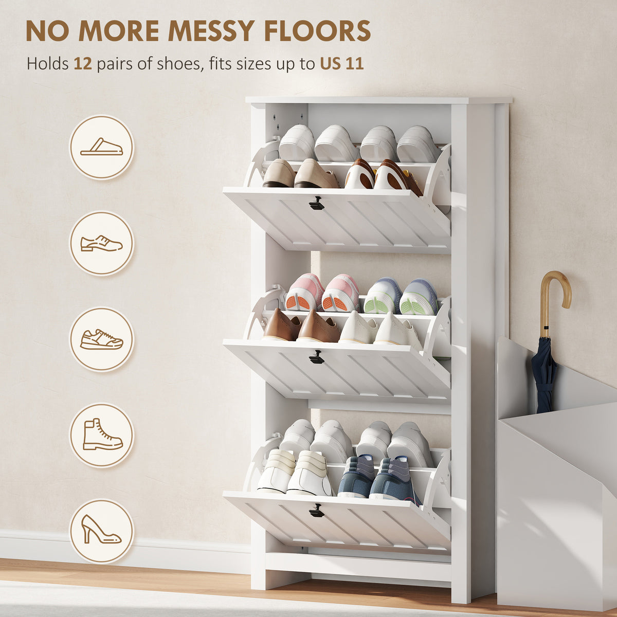 Slim Shoe Cabinet with 3 Flip Drawers, Shoe Storage Cabinet with Adjustable Shelves for Entryway – view 3