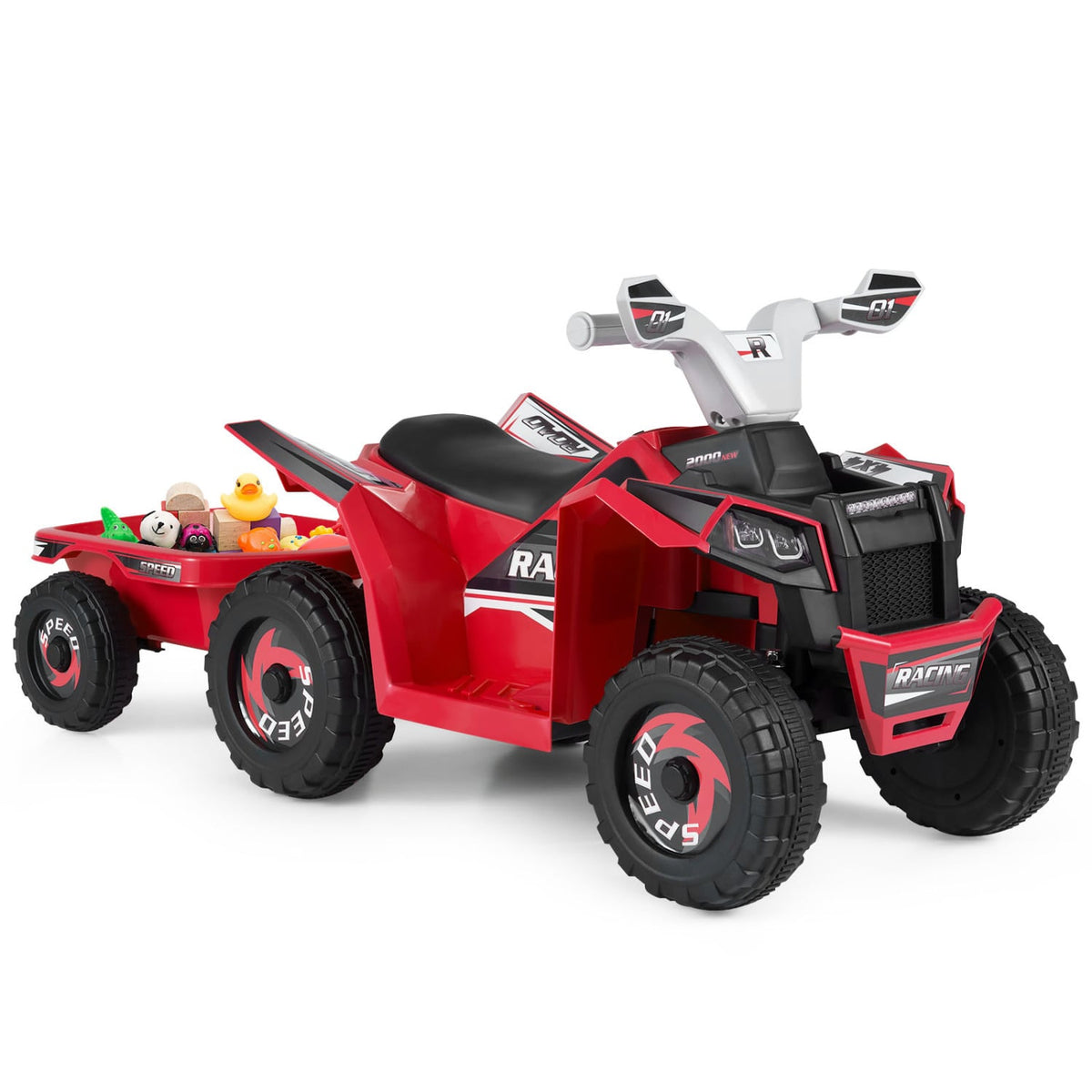 6V Kids Electric ATV Quad Car with Detachable Trailer-Red