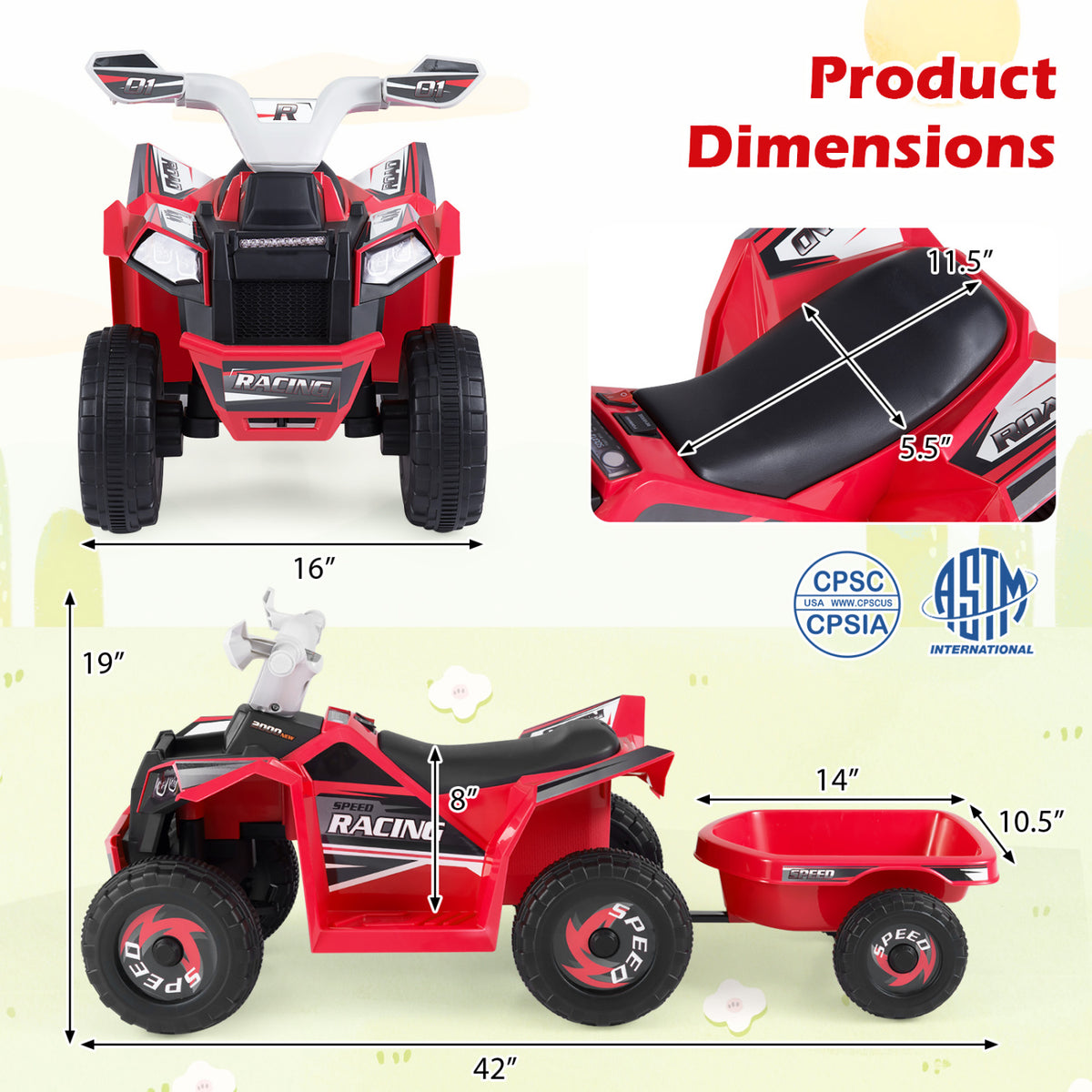 6V Kids Electric ATV Quad Car with Detachable Trailer-Red view 5