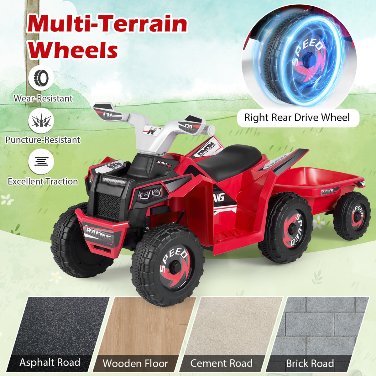 6V Kids Electric ATV Quad Car with Detachable Trailer-Red view 9