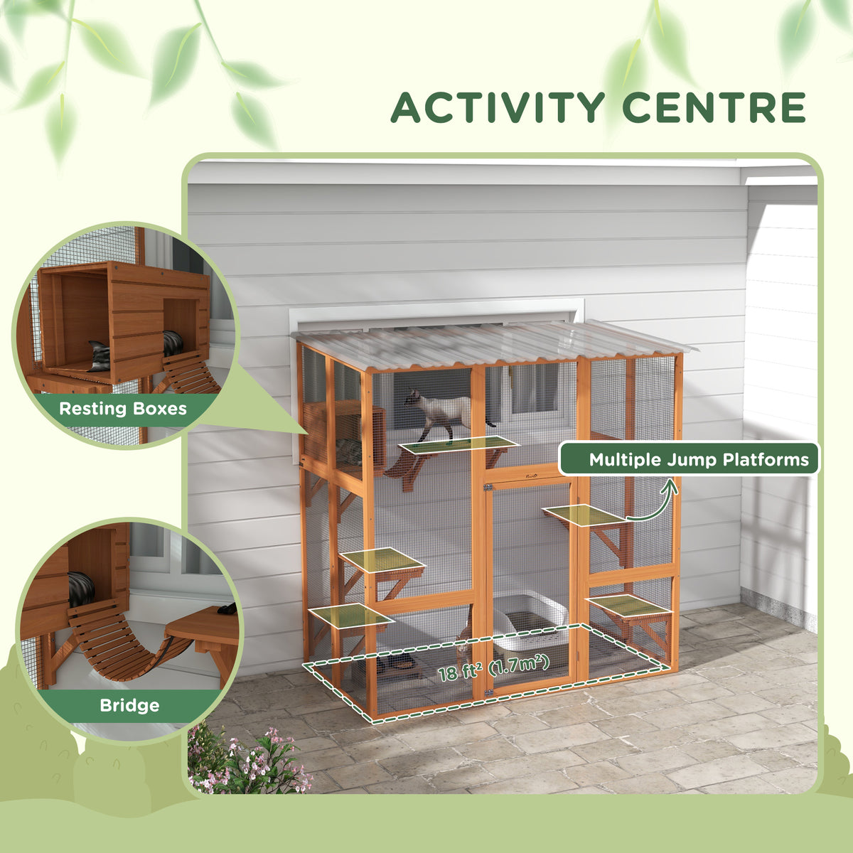 Large Outdoor Catio with Weatherproof Roof, Bridge, Resting Box, Platforms, Grey – view 11
