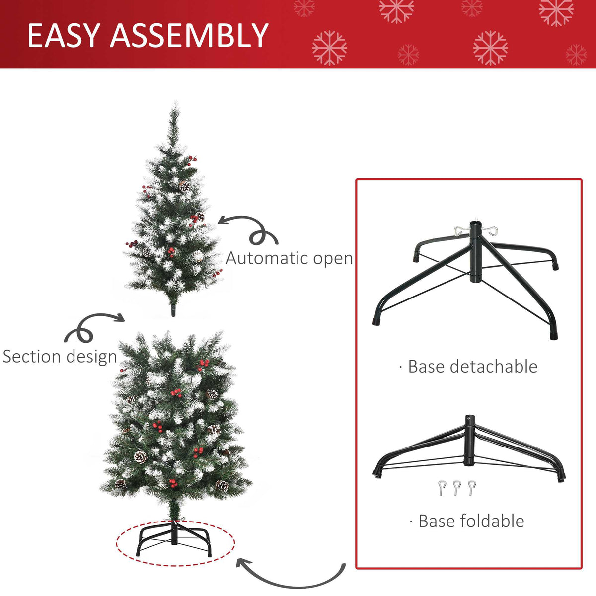 5ft Decorated Christmas Tree with Red Berries and Pine Cones, Flocked Christmas Tree with Pencil Shape – view 5