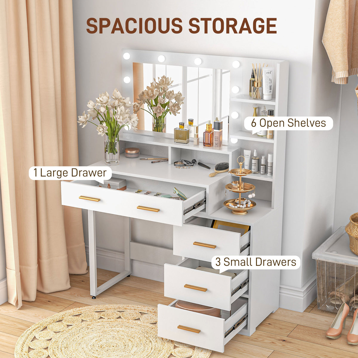 Illuminated Dresssing Table, LED Vanity Table with Mirror, Drawer and Storage Shelves for Bedroom, White