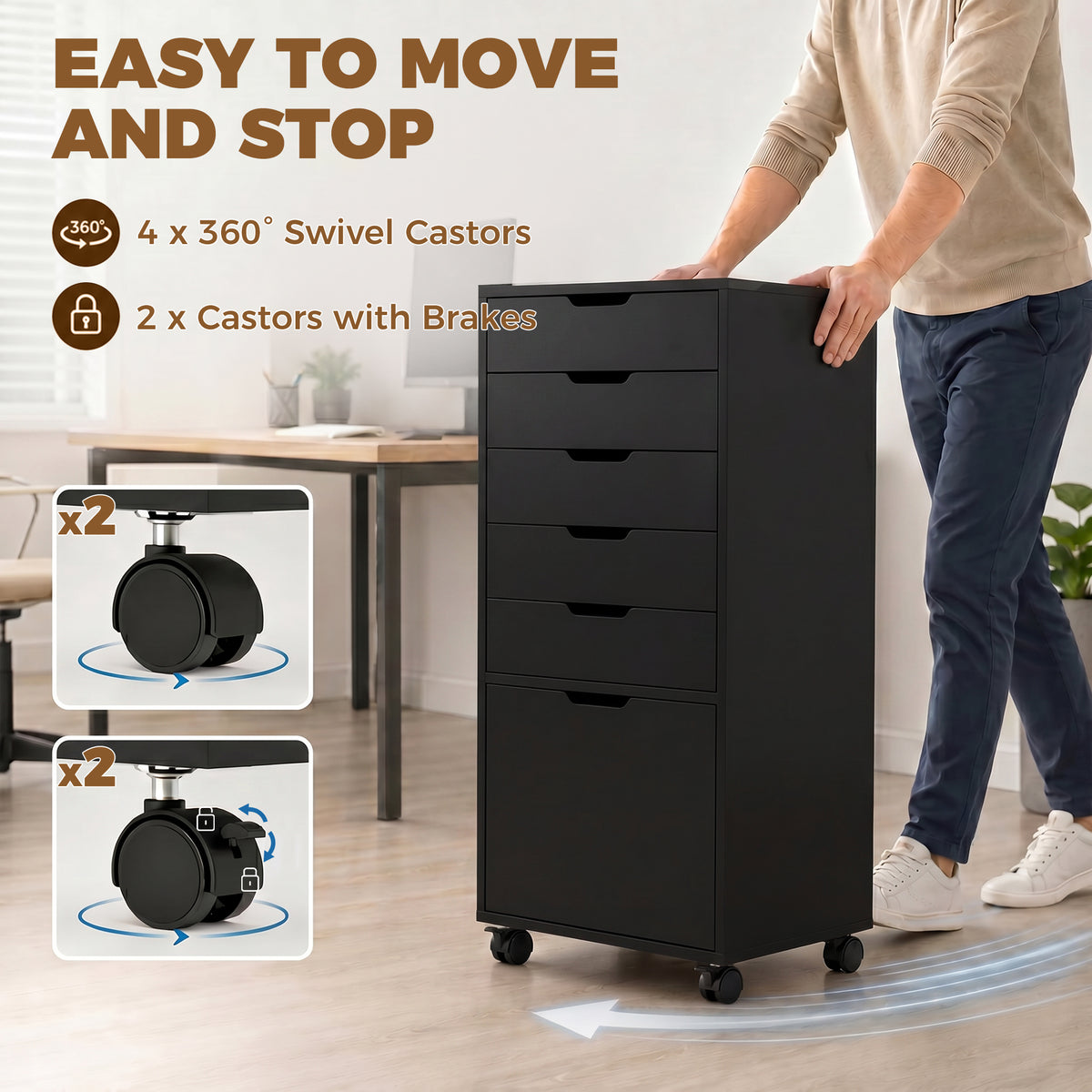File Cabinet on Wheels Mobile Printer Stand with 6 Drawers for Home Office Black