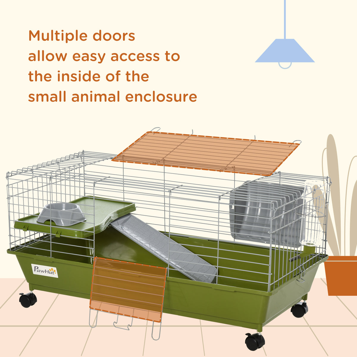 Small Animal Cage, Rolling Bunny Cage, Guinea Pig Cage with Food Dish, Water Bottle, Hay Feeder, Platform – view 13