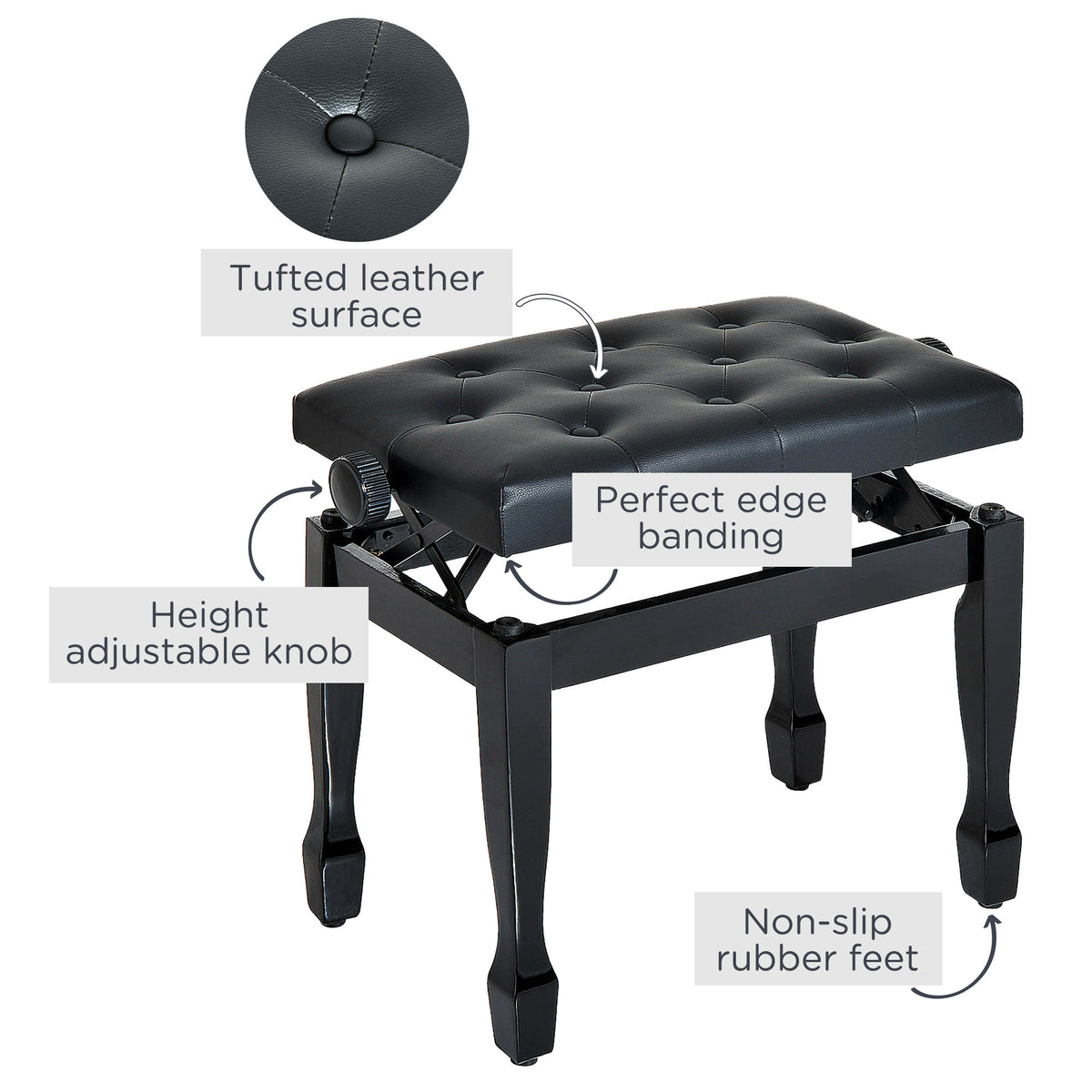 25" Adjustable Height Piano Bench with Padded Cushion, Keyboard Seat with Solid Wood Legs, Black
