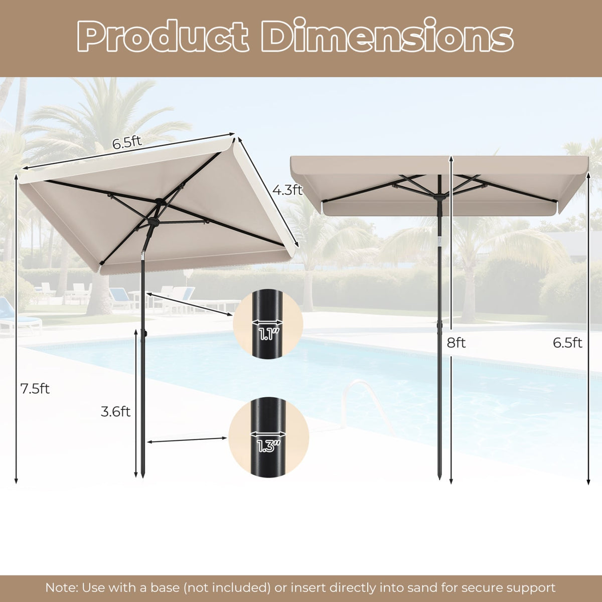 6.5 x 4.3 Feet Rectangular Outdoor Balcony Umbrella with Tilt Adjust Button-Beige view 5