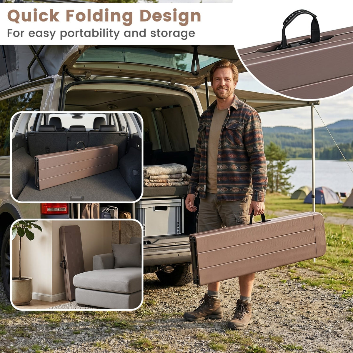 6 Feet Plastic Folding Bench Picnic Camping Dining Seat with Carrying Handle-coffee view 6
