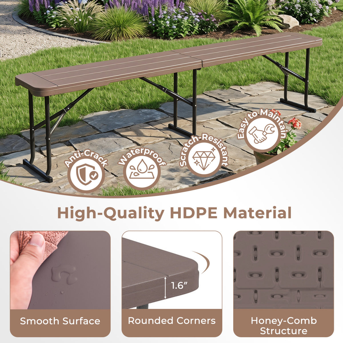 6 Feet Plastic Folding Bench Picnic Camping Dining Seat with Carrying Handle-coffee view 7