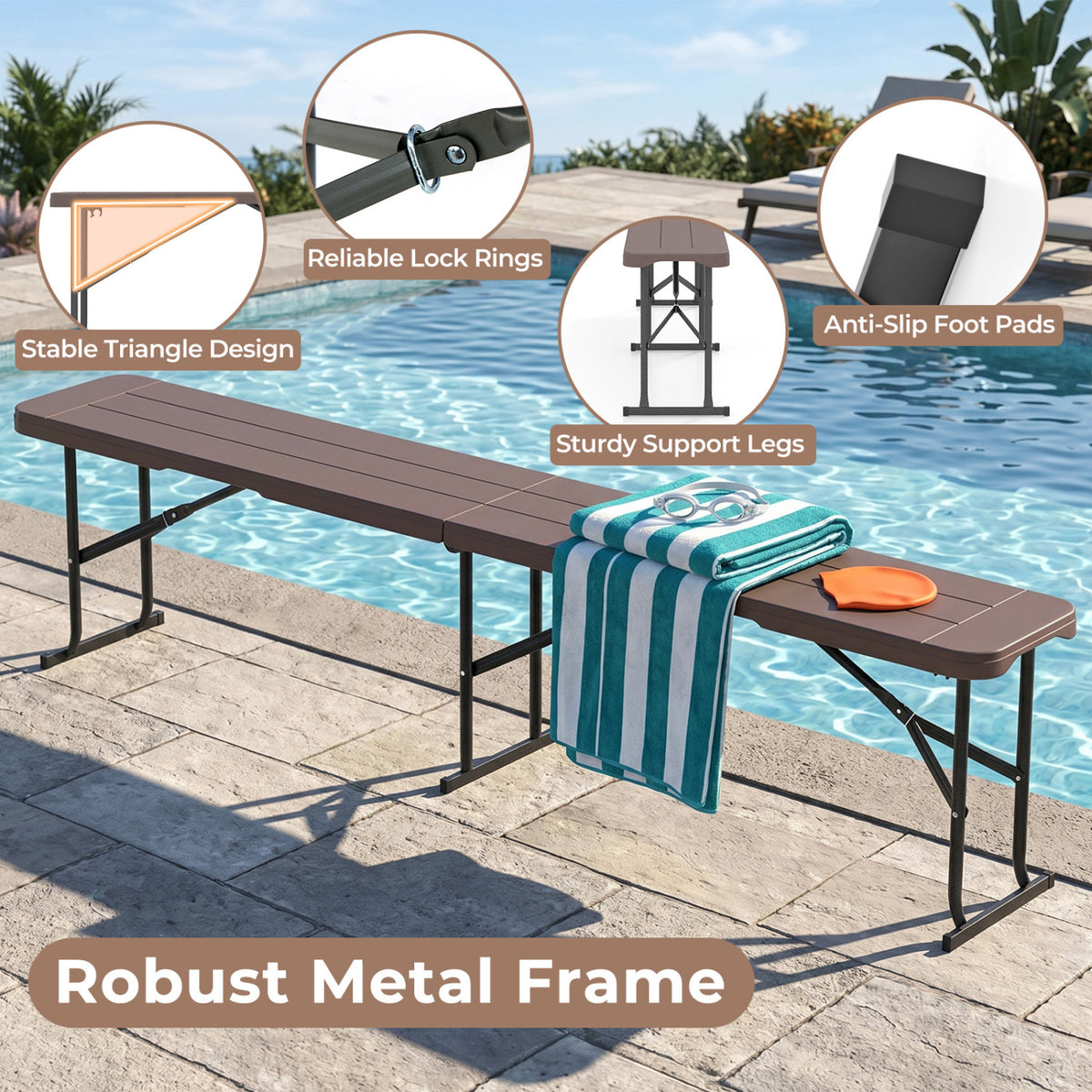 6 Feet Plastic Folding Bench Picnic Camping Dining Seat with Carrying Handle-coffee view 8