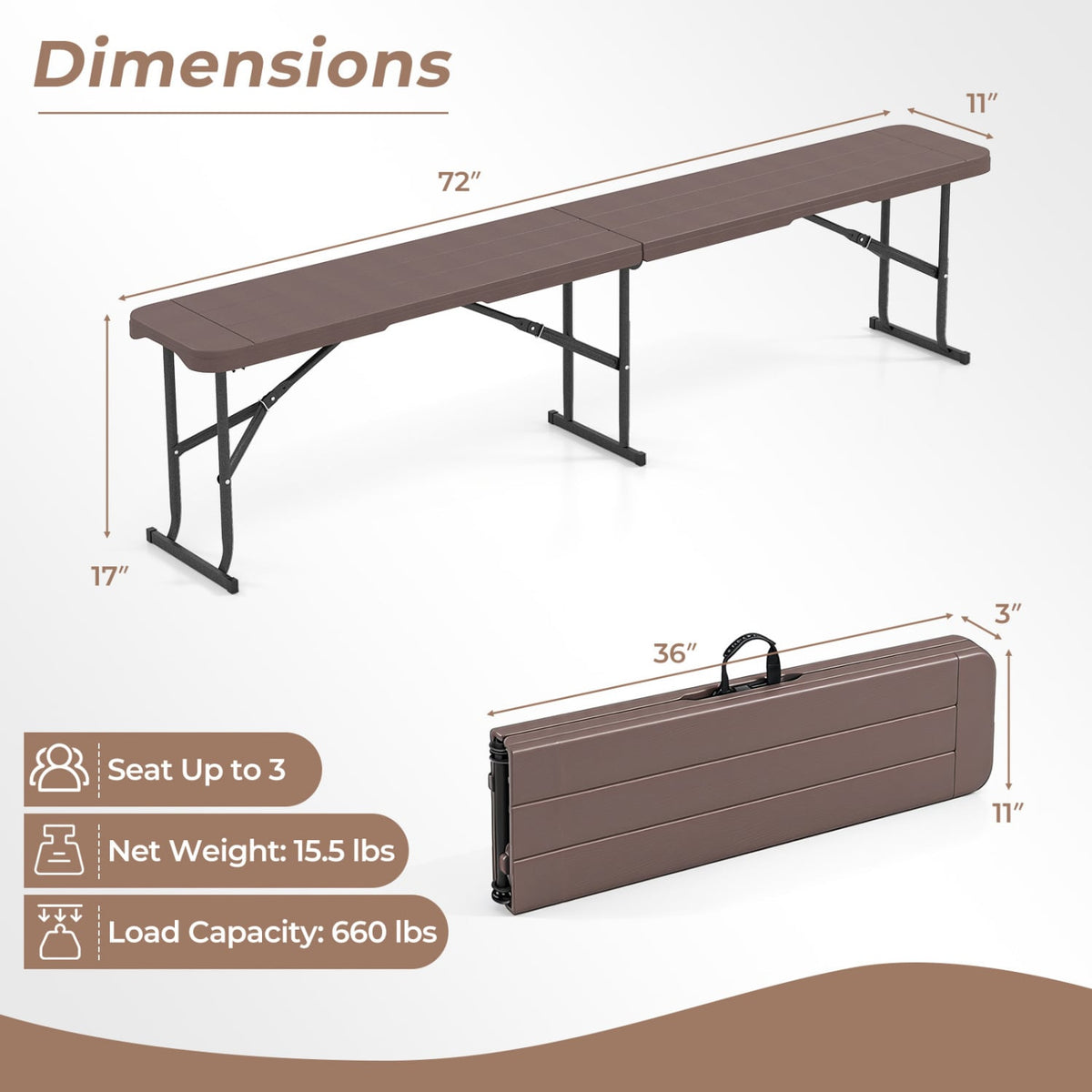 6 Feet Plastic Folding Bench Picnic Camping Dining Seat with Carrying Handle-coffee view 4