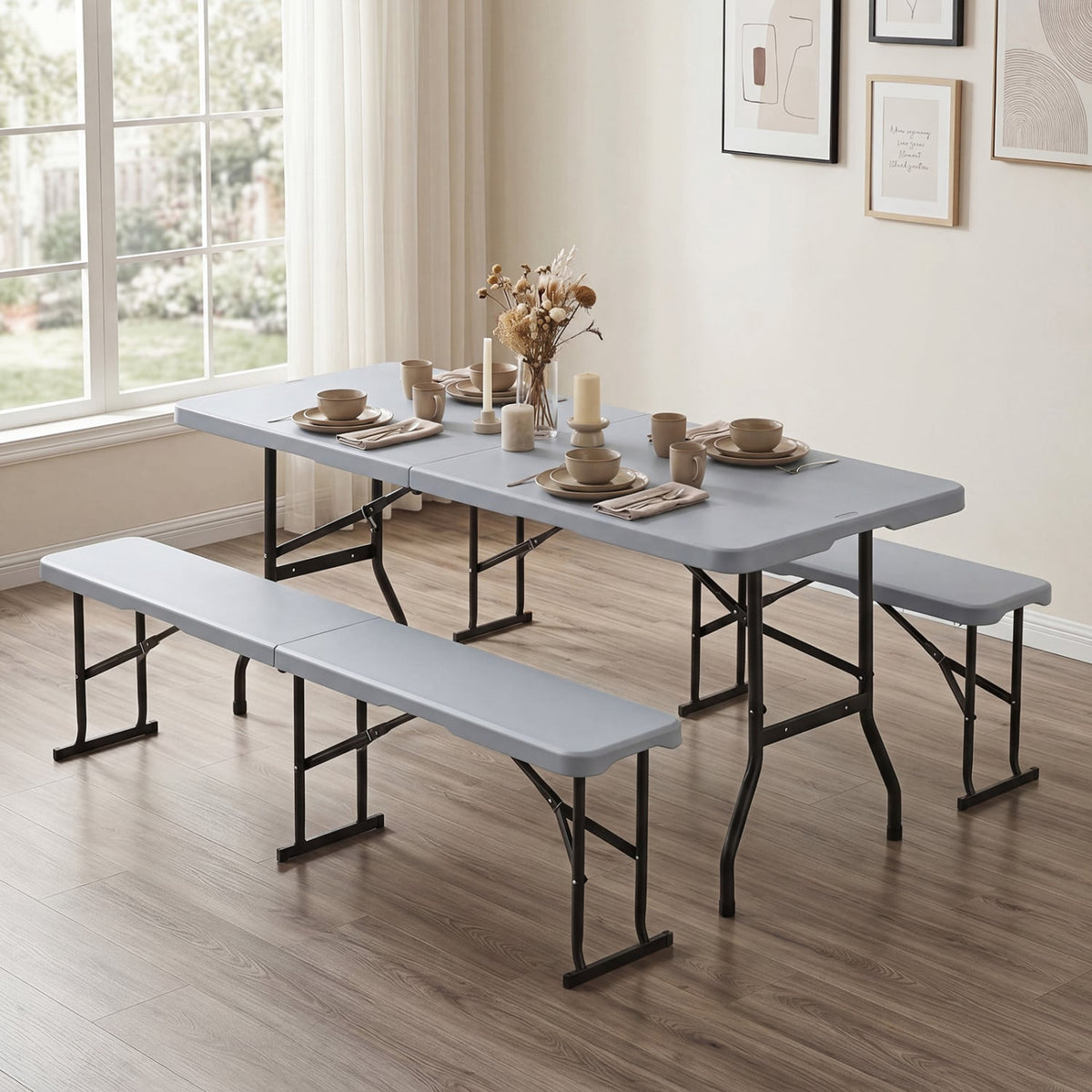 6 Feet Plastic Folding Bench Picnic Camping Dining Seat with Carrying Handle-Light Gray view 5