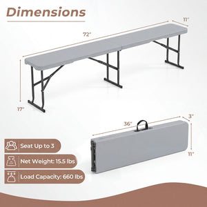 6 Feet Plastic Folding Bench Picnic Camping Dining Seat with Carrying Handle-Light Gray view 4