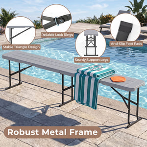 6 Feet Plastic Folding Bench Picnic Camping Dining Seat with Carrying Handle-Gray view 8