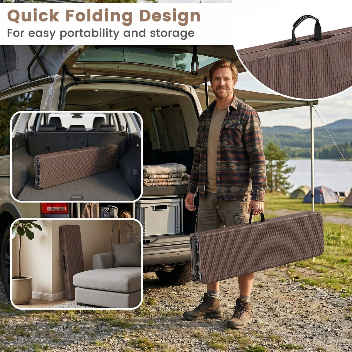 6 Feet Plastic Folding Bench Picnic Camping Dining Seat with Carrying Handle-Brown view 6
