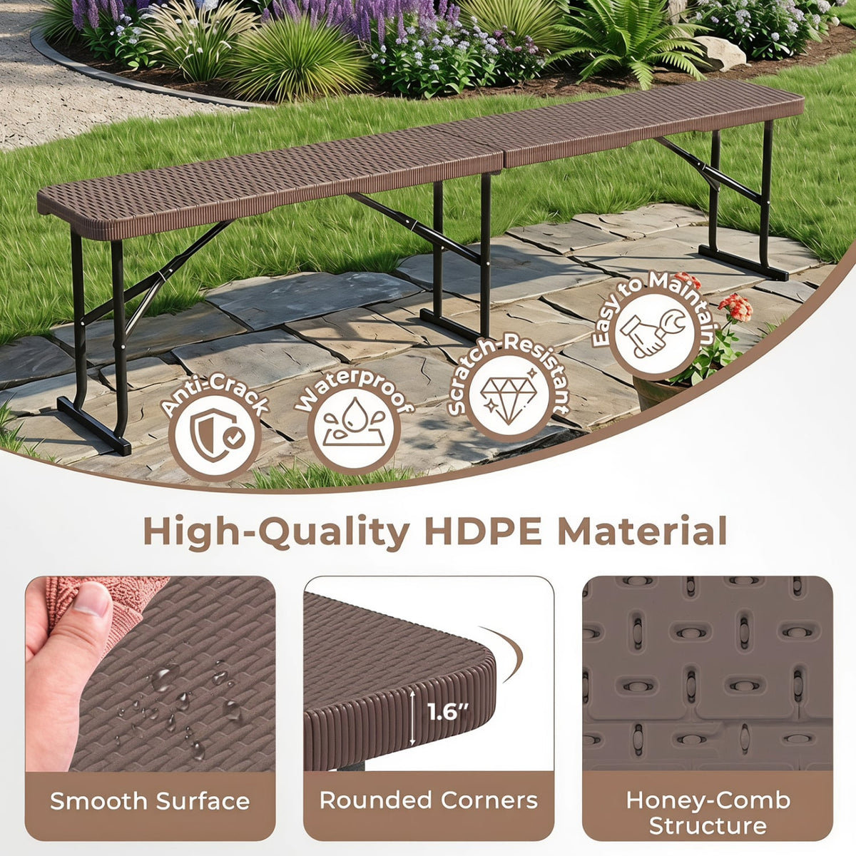 6 Feet Plastic Folding Bench Picnic Camping Dining Seat with Carrying Handle-Brown view 7