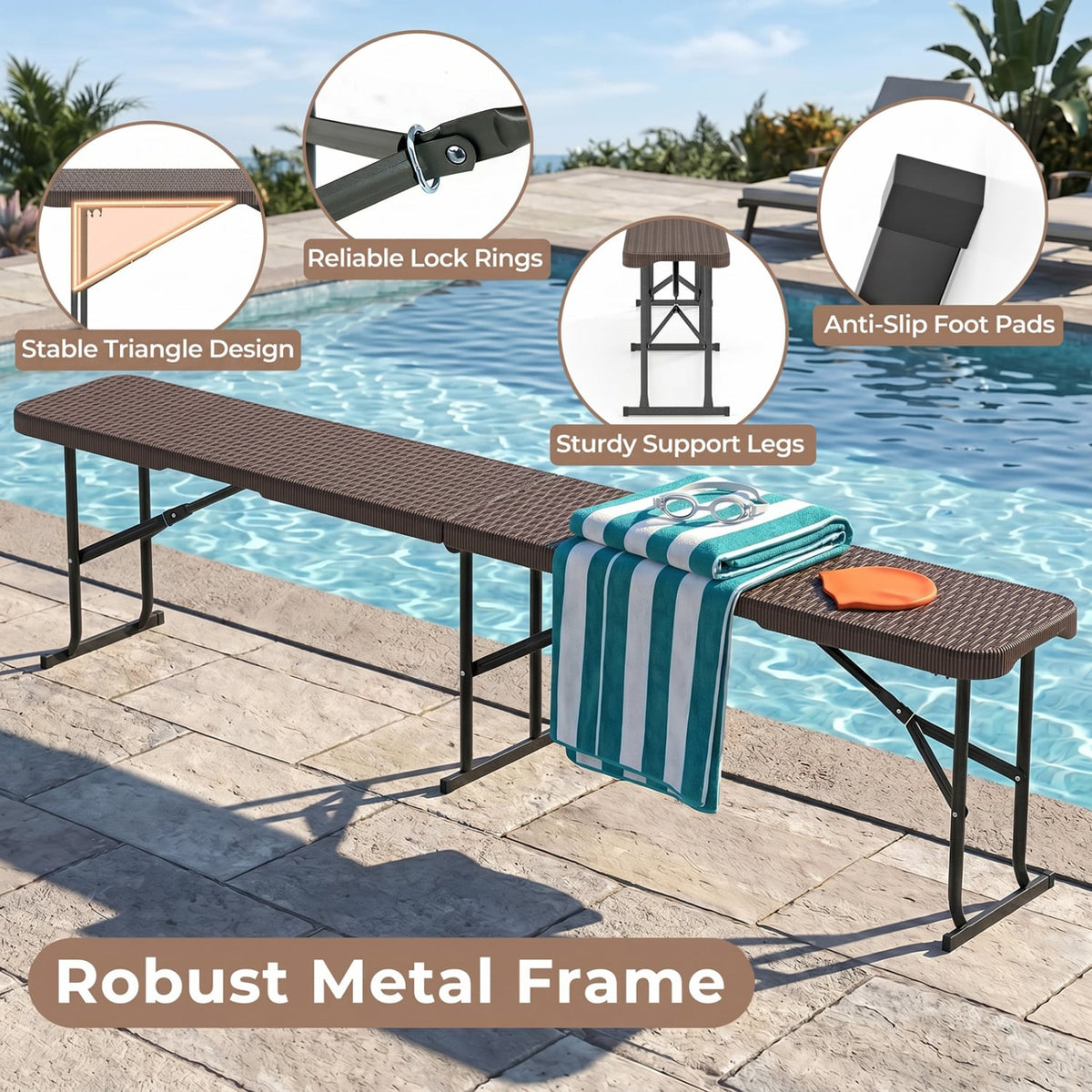 6 Feet Plastic Folding Bench Picnic Camping Dining Seat with Carrying Handle-Brown view 8