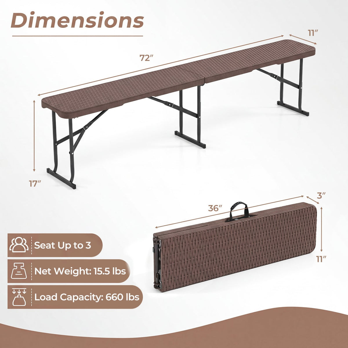6 Feet Plastic Folding Bench Picnic Camping Dining Seat with Carrying Handle-Brown view 4