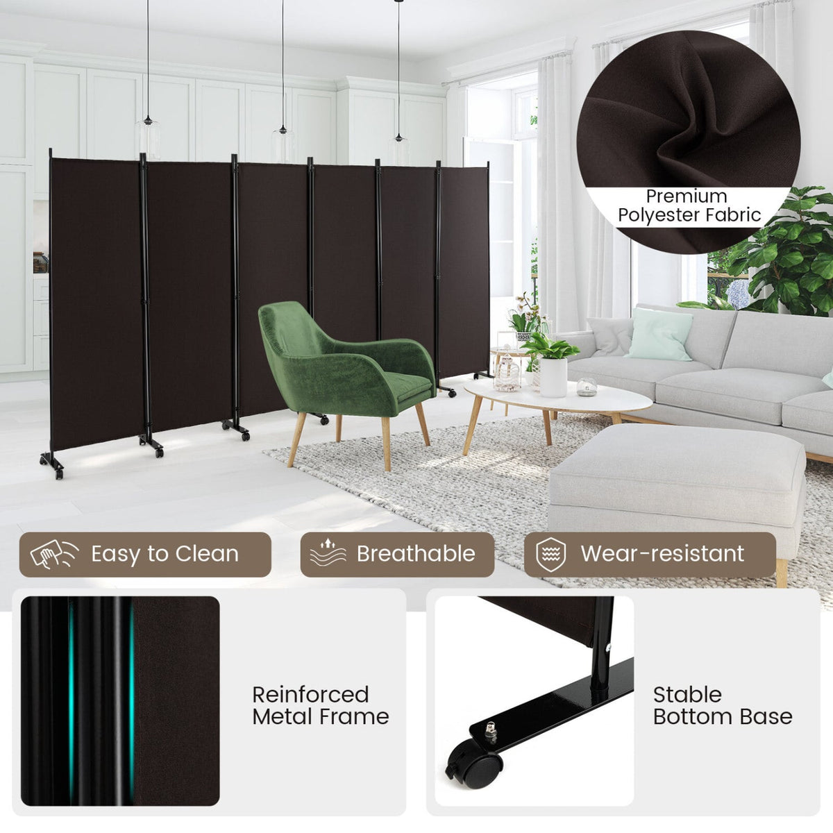 6 Panel 5.7 Feet Tall Rolling Room Divider on Wheels-Walnut view 8
