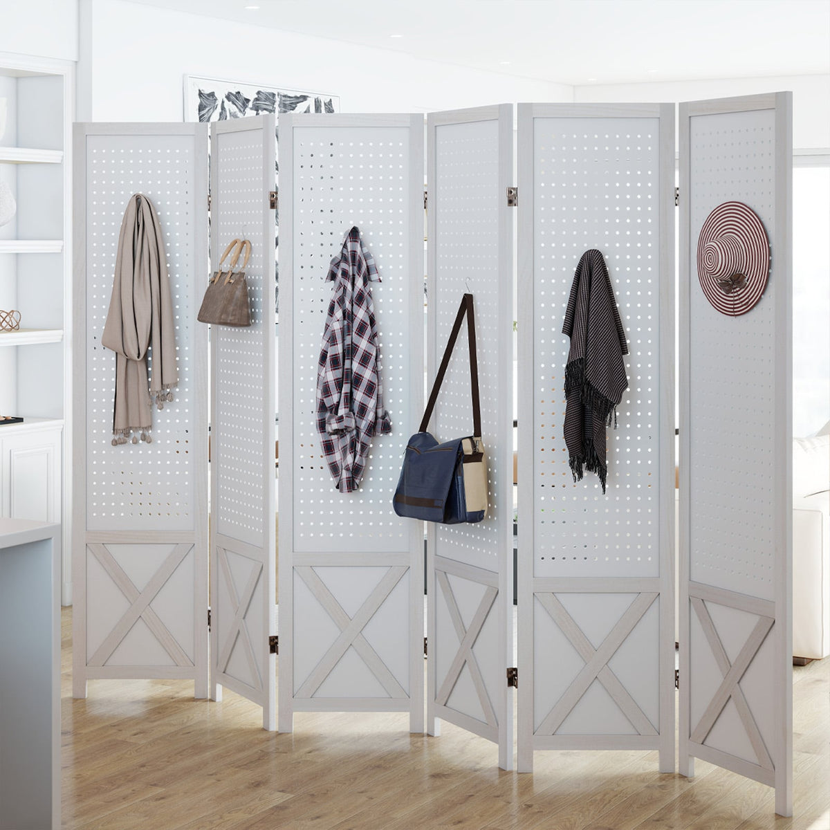 6-Panel Pegboard Room Divider 67 Inches Tall Foldable Privacy Screen view 3