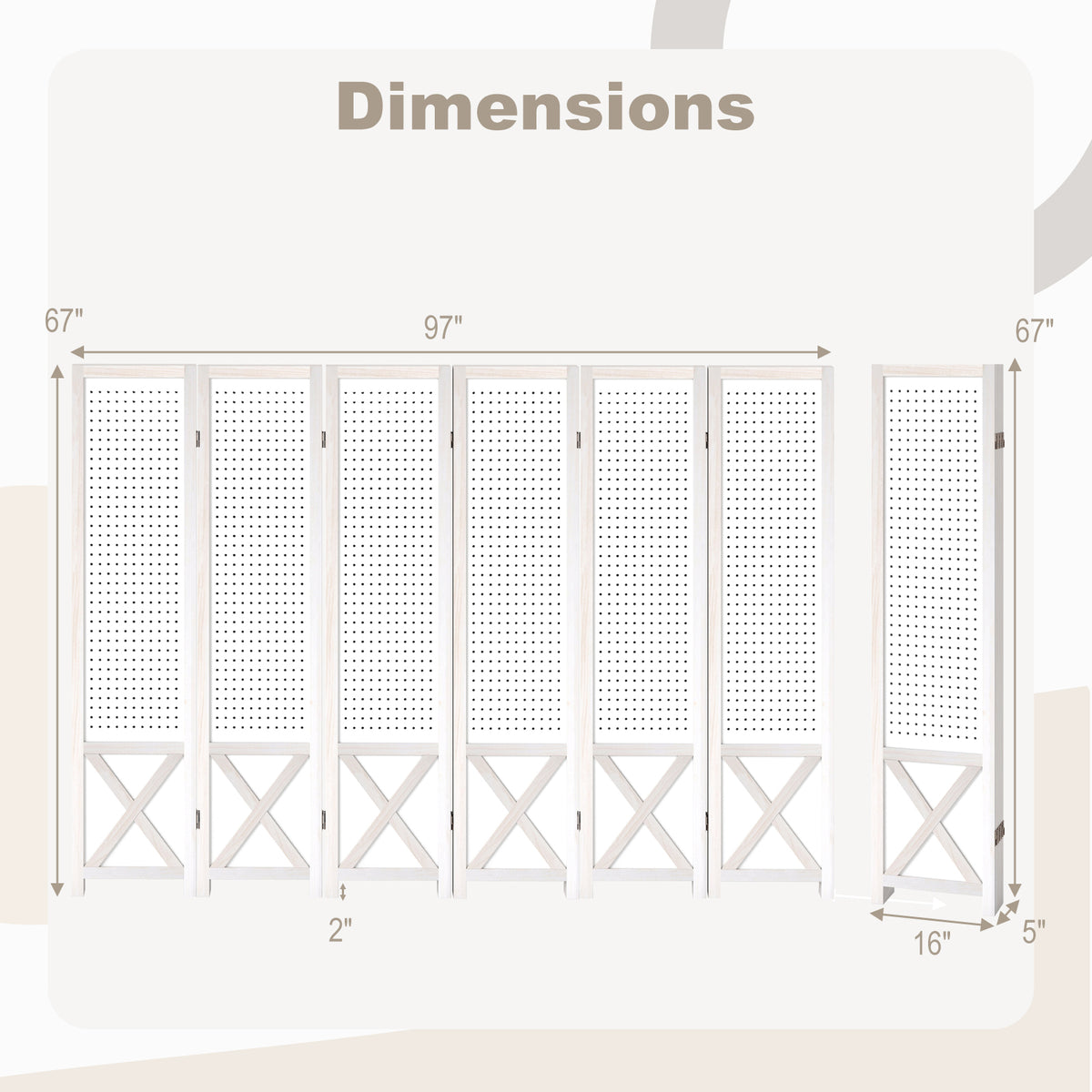 6-Panel Pegboard Room Divider 67 Inches Tall Foldable Privacy Screen view 5