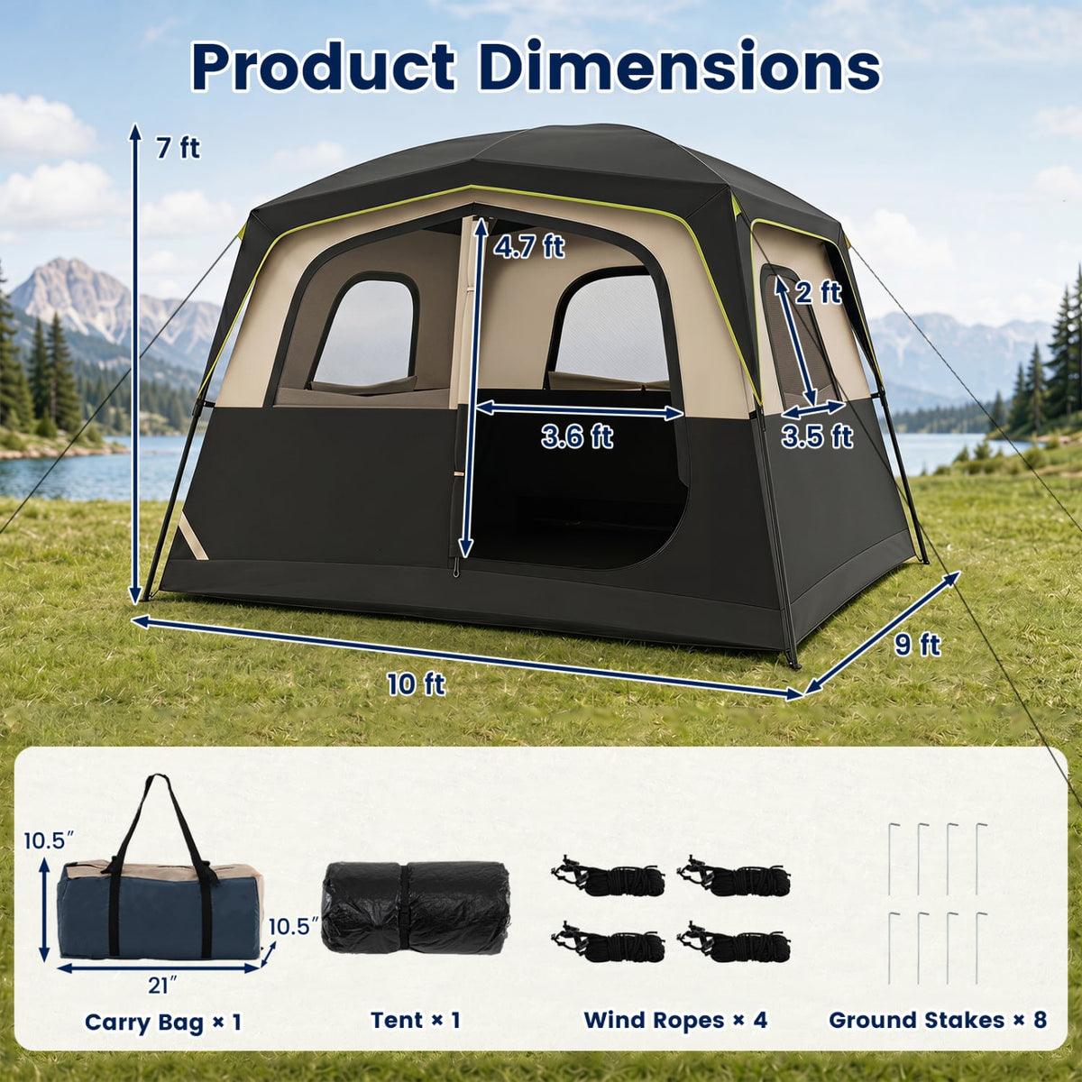 6-Person Camping Tent Easy Setup Family Cabin Tent with Top Rainfly Mesh Windows-Black view 4