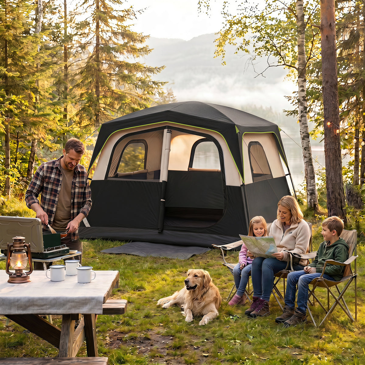 6-Person Camping Tent Easy Setup Family Cabin Tent with Top Rainfly Mesh Windows-Black view 2