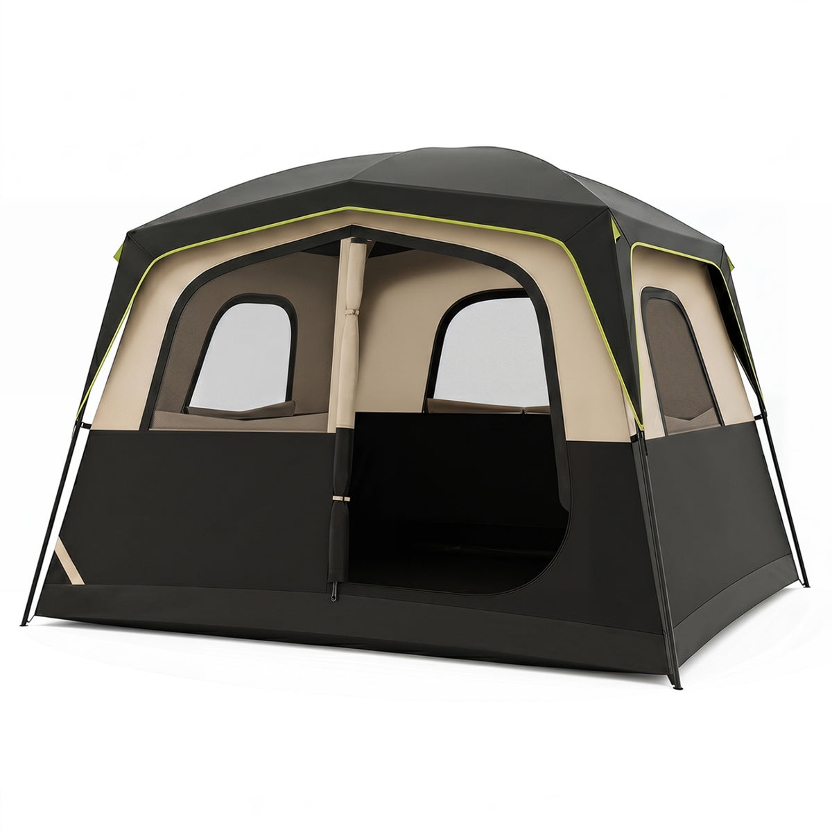 6-Person Camping Tent Easy Setup Family Cabin Tent with Top Rainfly Mesh Windows-Black view 3