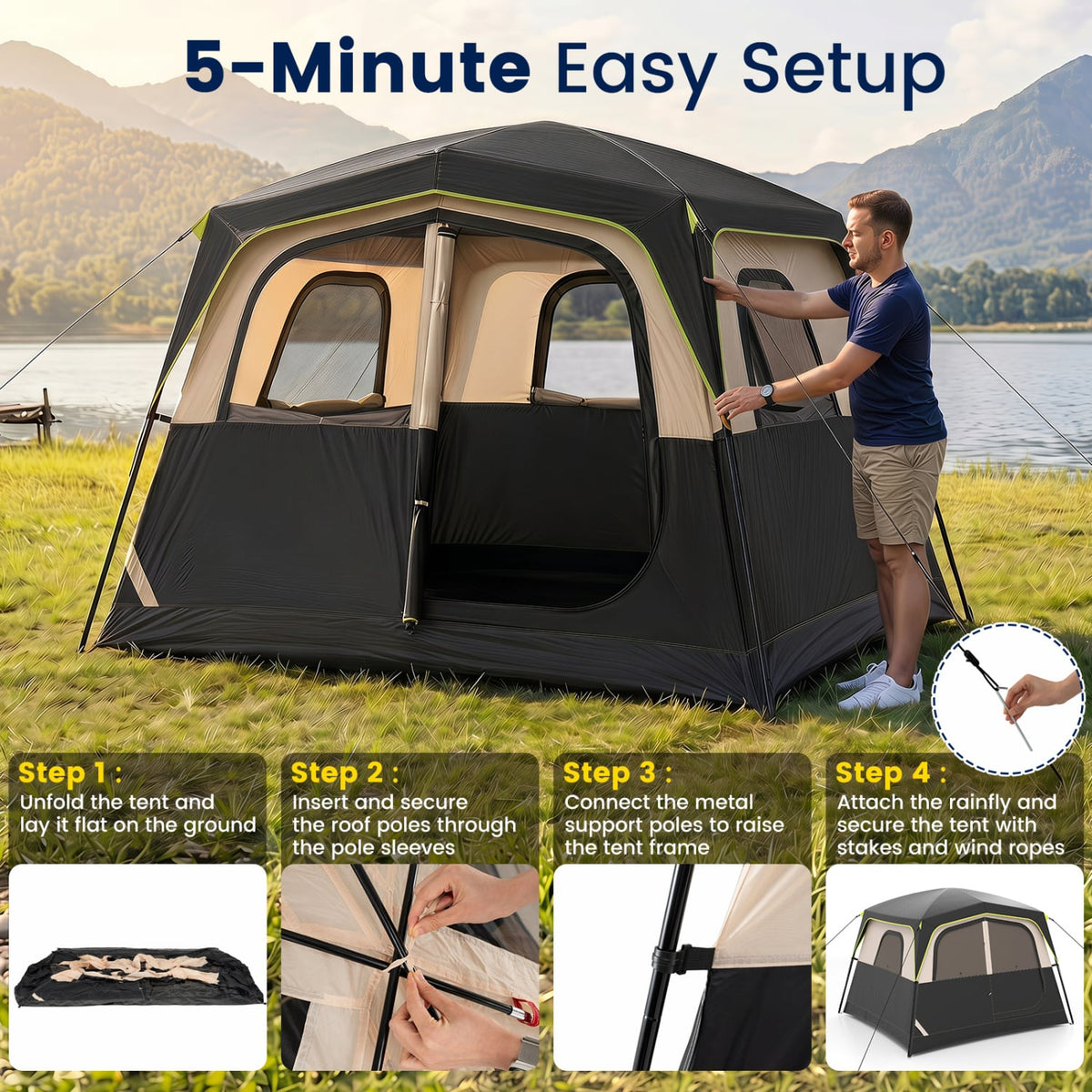 6-Person Camping Tent Easy Setup Family Cabin Tent with Top Rainfly Mesh Windows-Black view 5