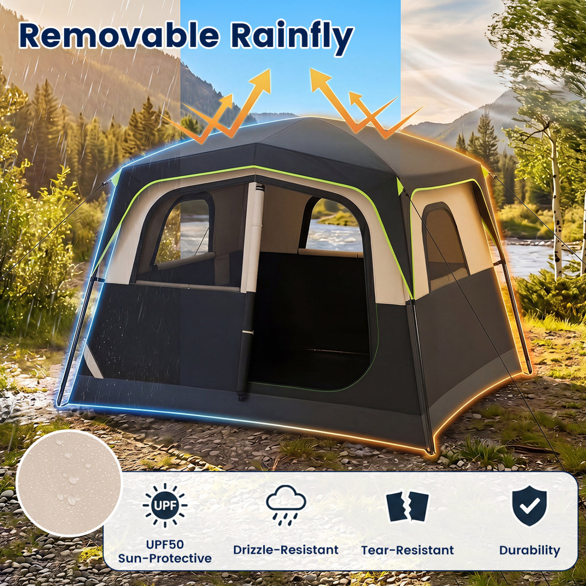 6-Person Camping Tent Easy Setup Family Cabin Tent with Top Rainfly Mesh Windows-Black view 6