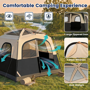 6-Person Camping Tent Easy Setup Family Cabin Tent with Top Rainfly Mesh Windows-Black view 7
