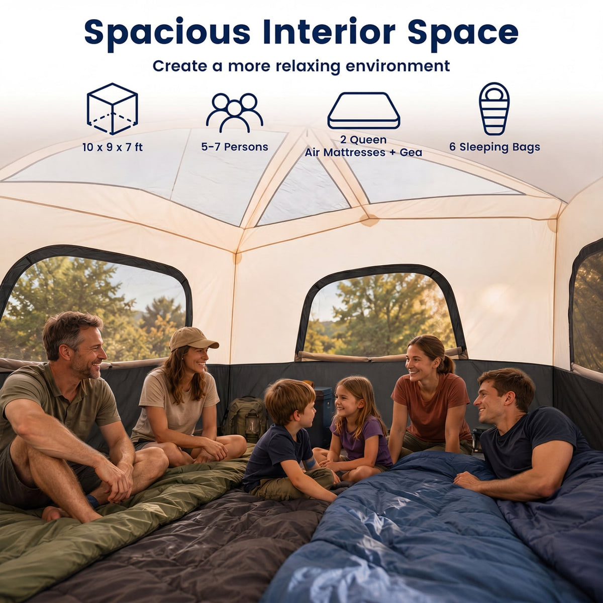 6-Person Camping Tent Easy Setup Family Cabin Tent with Top Rainfly Mesh Windows-Black view 8