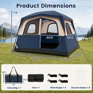 6-Person Camping Tent Easy Setup Family Cabin Tent with Top Rainfly Mesh Windows-Blue view 4