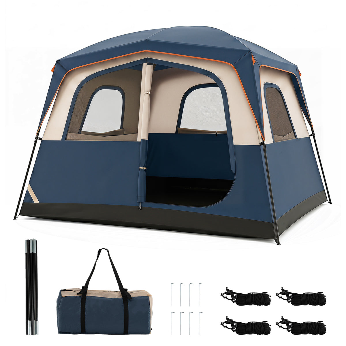6-Person Camping Tent Easy Setup Family Cabin Tent with Top Rainfly Mesh Windows-Blue