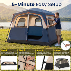 6-Person Camping Tent Easy Setup Family Cabin Tent with Top Rainfly Mesh Windows-Blue view 5