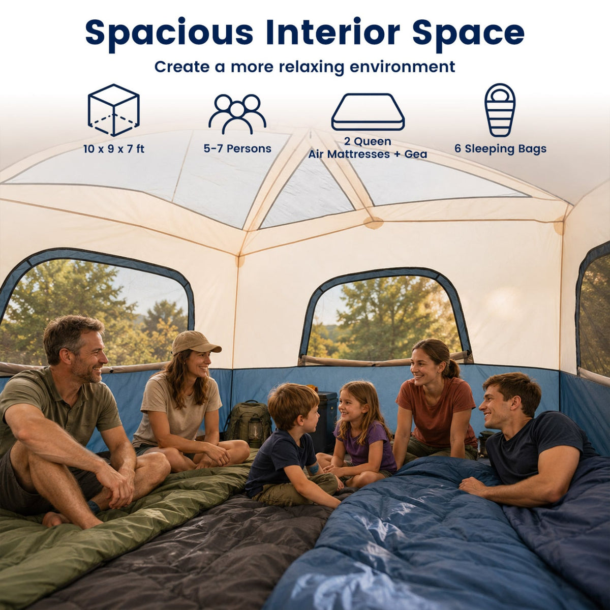 6-Person Camping Tent Easy Setup Family Cabin Tent with Top Rainfly Mesh Windows-Blue view 8
