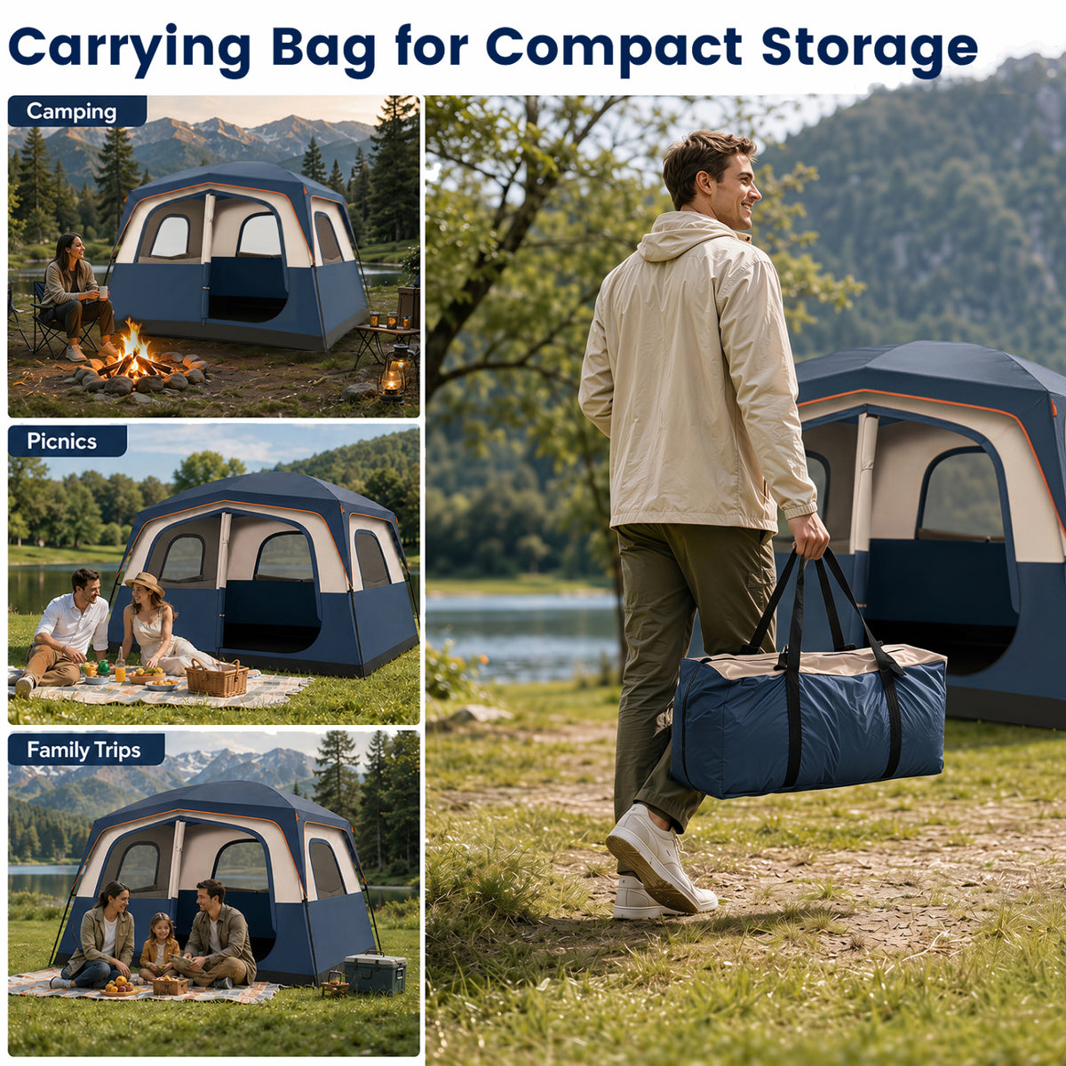 6-Person Camping Tent Easy Setup Family Cabin Tent with Top Rainfly Mesh Windows-Blue view 9