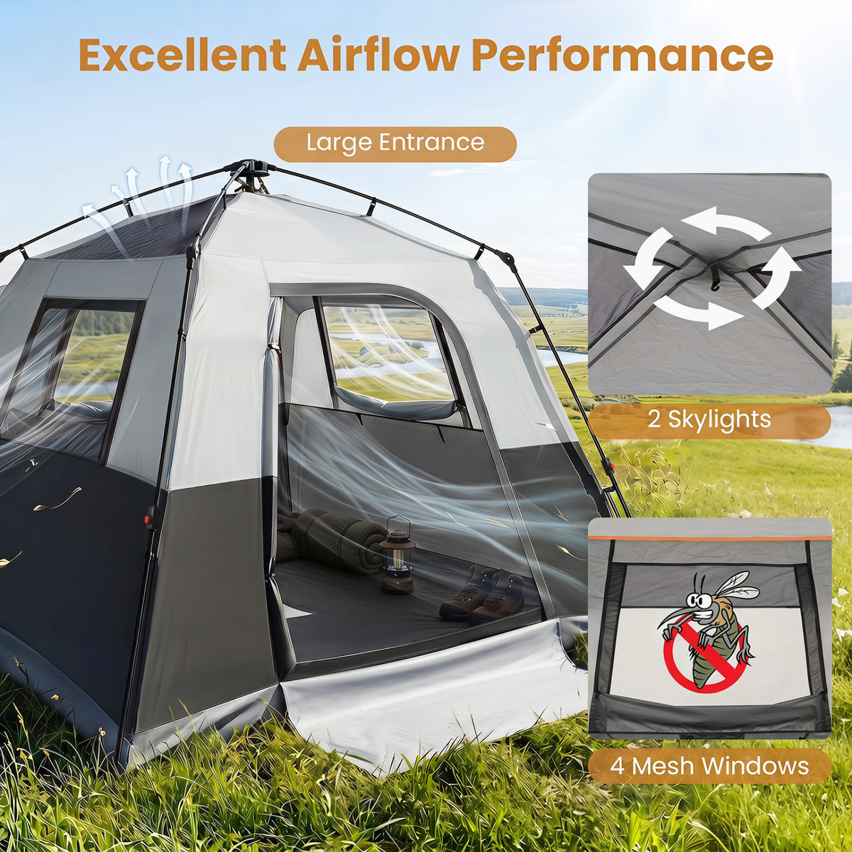 6-Person Outdoor Camping Tent Blackout Easy Setup Instant Cabin Tent with Rainfly and Carrying Bag-Grey view 6