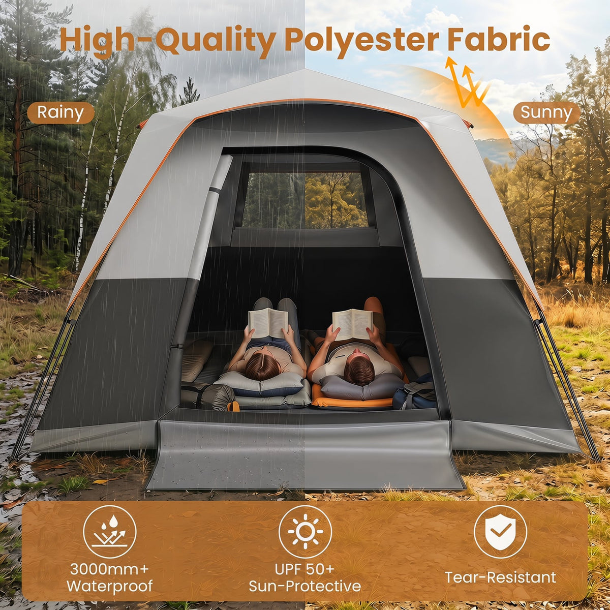 6-Person Outdoor Camping Tent Blackout Easy Setup Instant Cabin Tent with Rainfly and Carrying Bag-Grey view 7