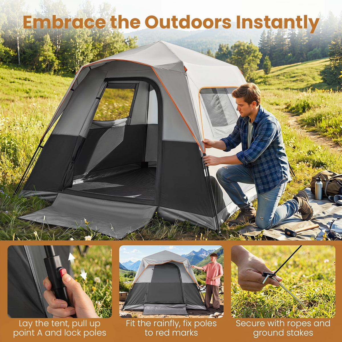 6-Person Outdoor Camping Tent Blackout Easy Setup Instant Cabin Tent with Rainfly and Carrying Bag-Grey view 8