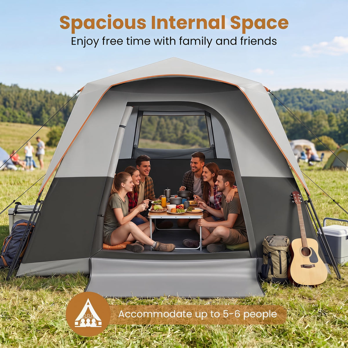 6-Person Outdoor Camping Tent Blackout Easy Setup Instant Cabin Tent with Rainfly and Carrying Bag-Grey view 9