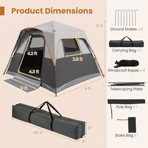 6-Person Outdoor Camping Tent Blackout Easy Setup Instant Cabin Tent with Rainfly and Carrying Bag-Grey view 4