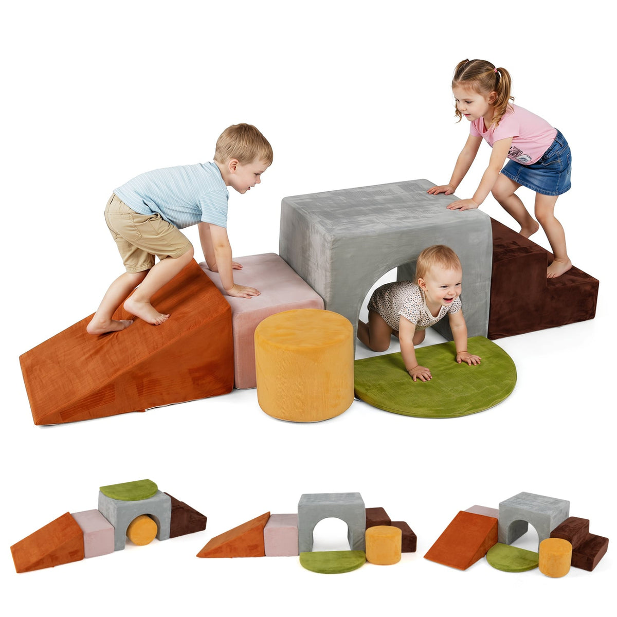 6 Pieces Foam Climbing Blocks for Kids with Slide and Tunnel-Gray view 4