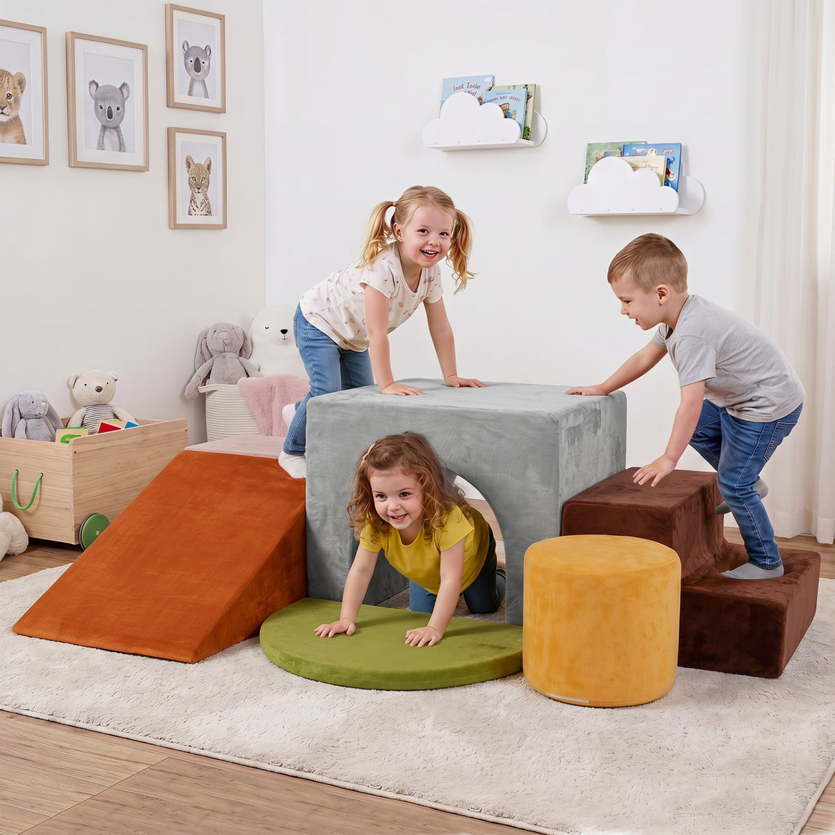 6 Pieces Foam Climbing Blocks for Kids with Slide and Tunnel-Gray view 2