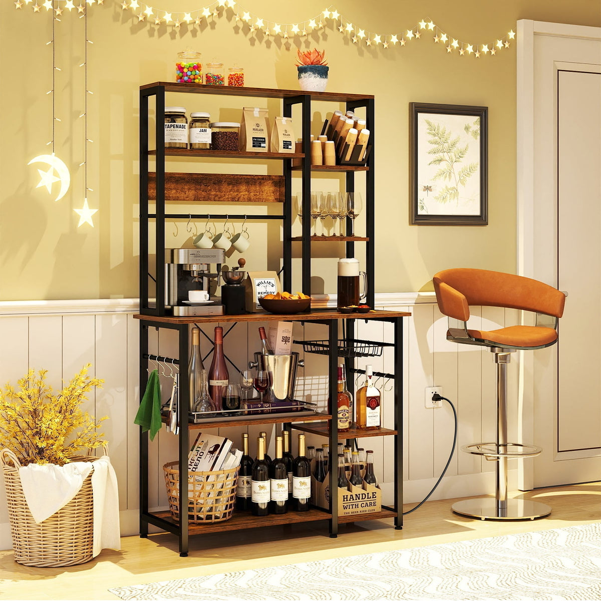 6-Tier Bakers Rack with Power Outlet Stand Wooden Open Shelves-Rusticbrown view 2