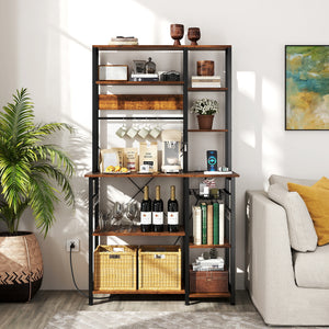6-Tier Bakers Rack with Power Outlet Stand Wooden Open Shelves-Rusticbrown view 3