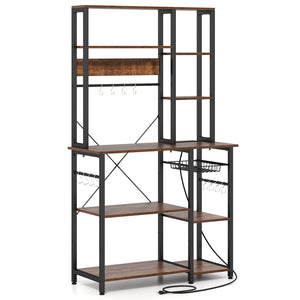 6-Tier Bakers Rack with Power Outlet Stand Wooden Open Shelves-Rusticbrown