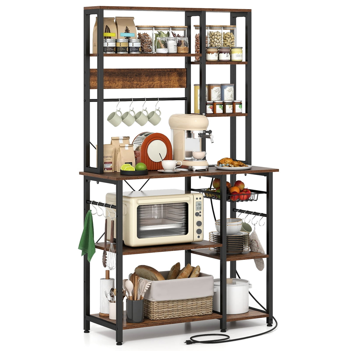 6-Tier Bakers Rack with Power Outlet Stand Wooden Open Shelves-Rusticbrown view 4