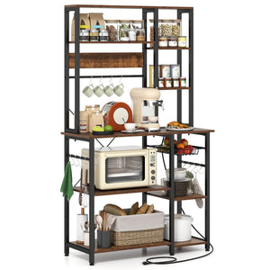 6-Tier Bakers Rack with Power Outlet Stand Wooden Open Shelves-Rusticbrown view 4