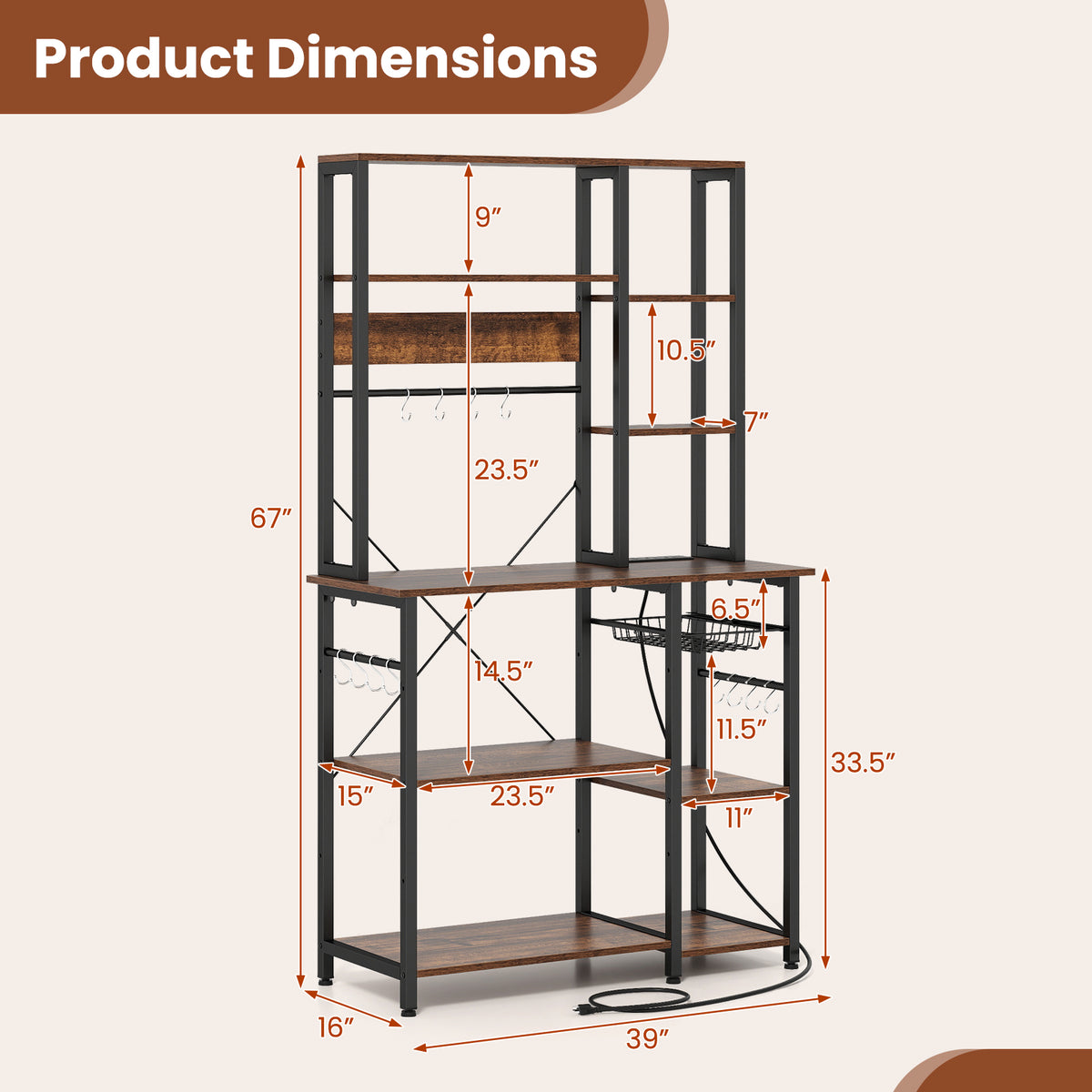 6-Tier Bakers Rack with Power Outlet Stand Wooden Open Shelves-Rusticbrown view 5